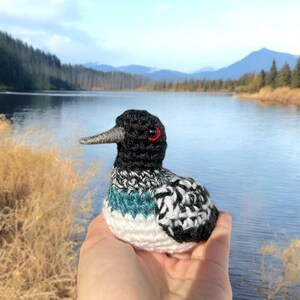 May include: A crocheted loon with black, white, and teal colored yarn. The loon has red eyes and a long, thin beak. The loon is sitting in a person's hand.