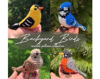 Backyard Birds Crochet Pattern Bundle | 4 Realistic Crochet Birds Written Pattern | Goldfinch, Blue jay, Mourning dove, Robin | PDF DOWNLOAD