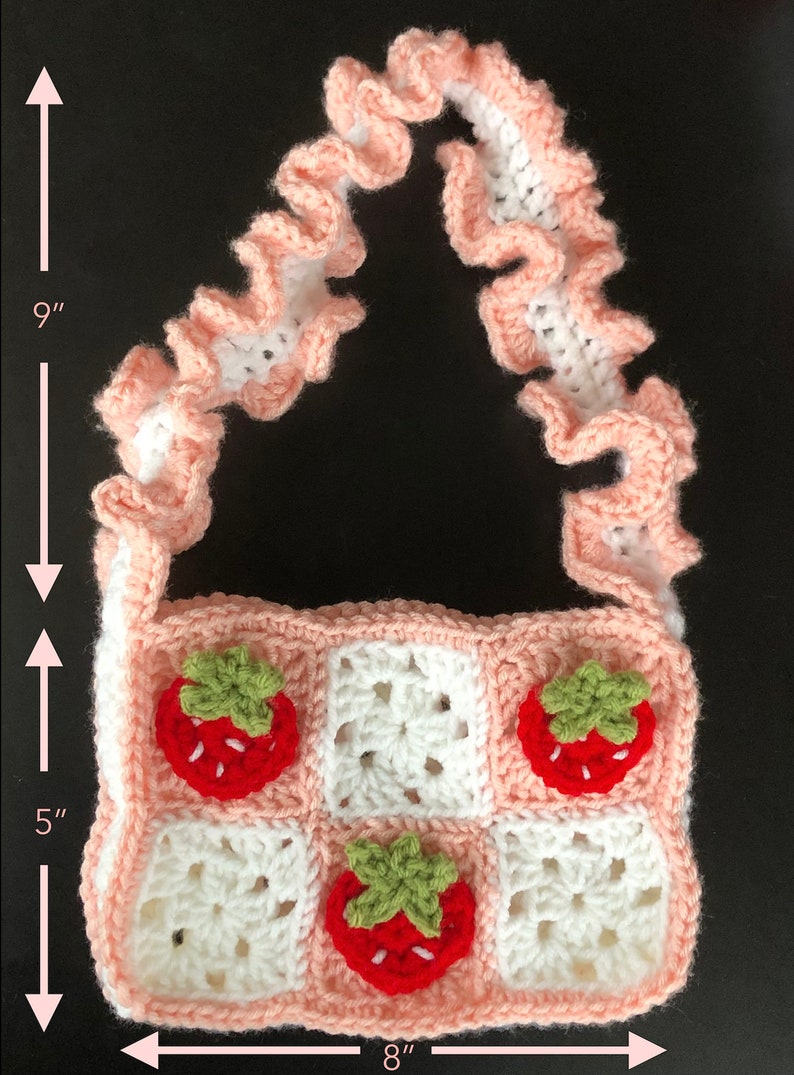 Strawberries n Cream Mini Grandma Square Bag CROCHET PATTERN Modèle de sac à main au crochet aux fraises Cottagecore Convient aux débutants PDF image 4