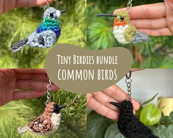 May include: A collection of four crochet bird keychains in various colors, including blue, green, brown, and black. The keychains are attached to silver chains. Text on the image reads "Tiny Birdies Bundle Common Birds" and "4 Crochet Patterns by CrochetCartelCo."