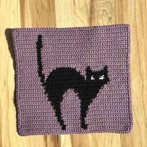 Pode incluir: Uma bolsa de cor roxa feita de croch&ecirc; com um design de gato preto. O gato tem olhos brancos e est&aacute; olhando para o lado direito da imagem.
