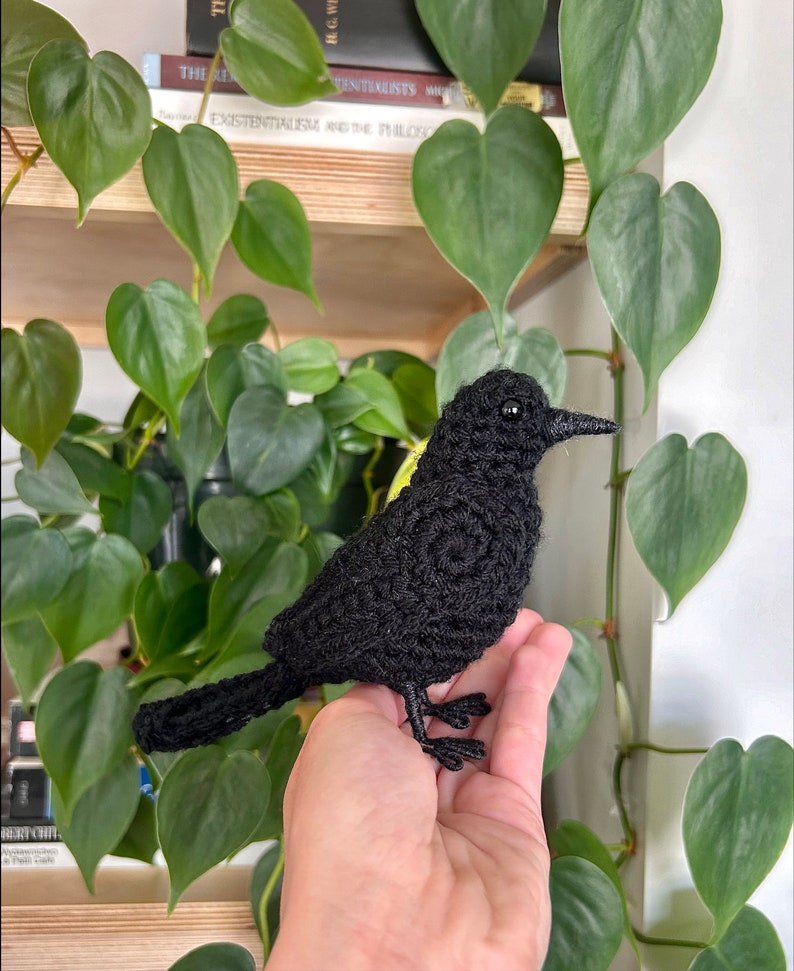 May include: A black crocheted bird with a small beak and beady eyes. The bird is perched on a hand.