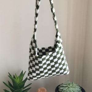 Bolso de cuadros texturizados / Bolso de hombro y monedero de crochet / Bolso de cuadros verde y crema / Bolso de verano