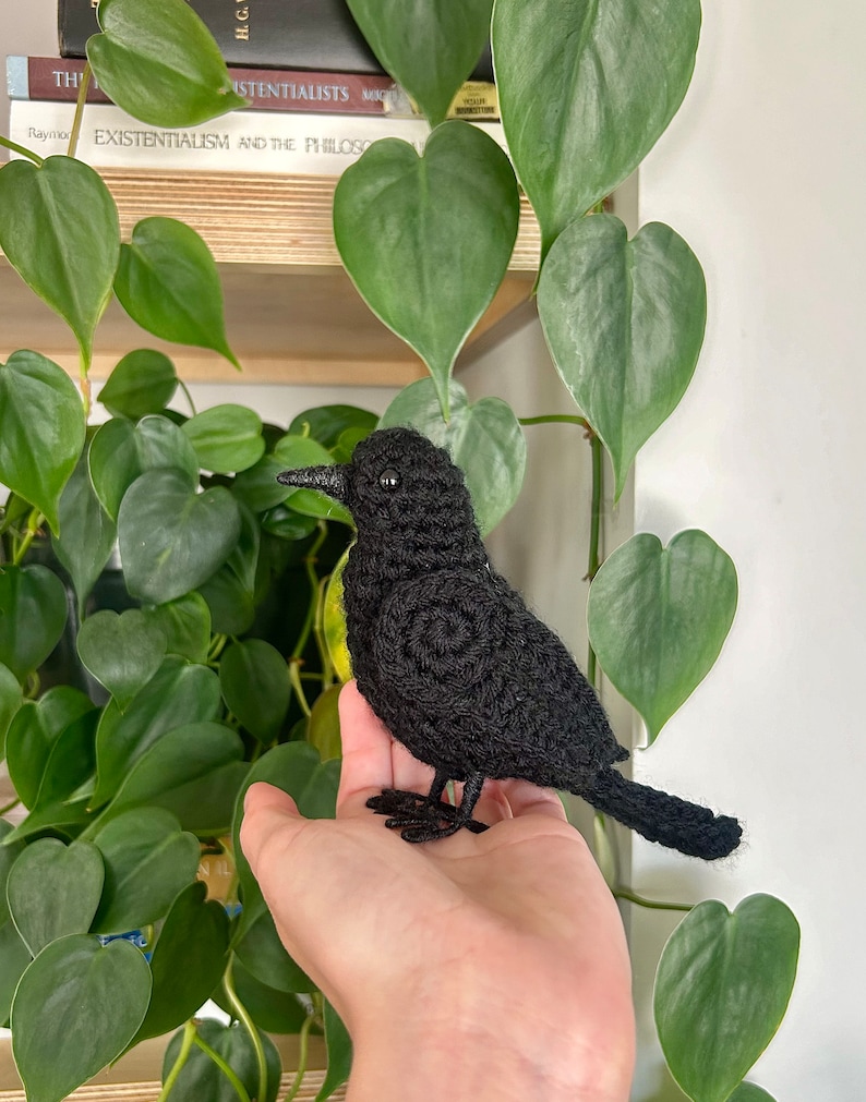 May include: A black crocheted bird with a small beak and round eyes. The bird is sitting on a person's hand.