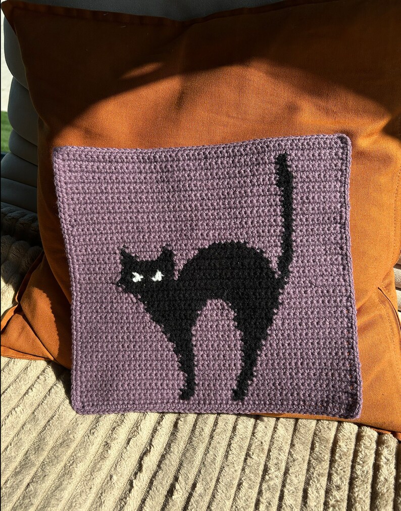 Pode incluir: Uma almofada de croch&ecirc; roxa com uma silhueta de gato preto no centro. O gato tem olhos brancos e est&aacute; virado para o lado direito da almofada.