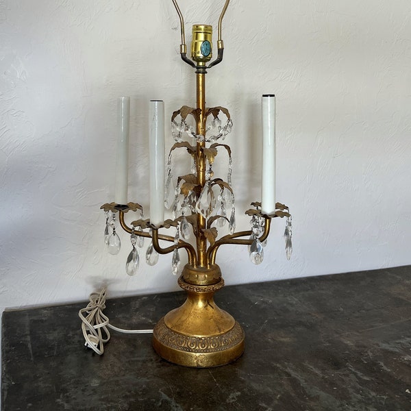 Mid Century Italian Florentine Crystal Lamp - Gold Gilt Lamp - Vintage Italian - Vintage Crystal Lamp - French Country - Hollywood Regency