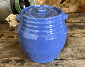 Blue Ring Ware Jar with Lid - Yellow Ware - YORK, PA - Early Pfaltzgraff - RARE - Large Cookie Jar Size - Bauer Style - Farmhouse