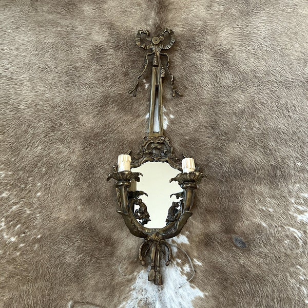 Vintage Brass Mirrored Wall Sconce - 2 Faux Candle Lights - Draped Bow Hanger - Hollywood Regency - Cottage Chic - Regencycore - French