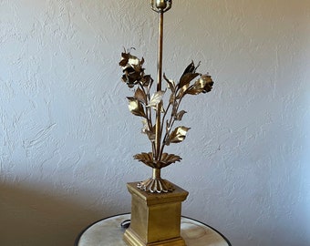 Vintage Gilt Gold Metal Floral Lamp on Column Base - TALL - Tole Flowers - Mid Century - Statement Table Lamp - Hollywood Regency - MCM