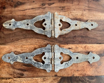 Antique Hinges Architectural Salvage - PAIR - BIG - Decorative Vintage Gate Door - Heavy Galvanized Steel - Farmhouse - Cottage Chic - Barn