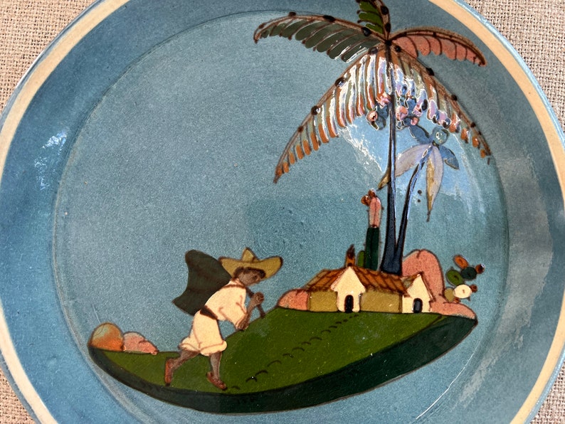 Vintage Tlaquepaque Mexican Folk Art Pottery Plate Dish Man Carrying Basket Casa Palm Trees Blue Stamped MEXICO Tourist Pottery image 3
