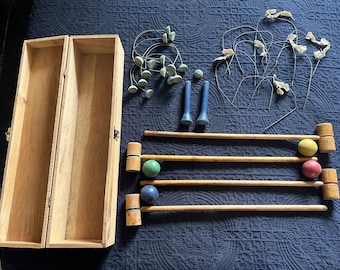 Antique Vintage Croquet Set - Cass Toys - Table Top Small Set Original Labeled Box - 4 Mallets & Balls - 8 Indoor Wickets with Stands - More