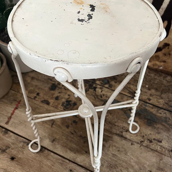 Antique Twisted Leg Iron Stool - White Paint Patina - Ice Cream Parlor Stool - Farmhouse - Industrial - Vintage Shop Stool - Cottage Chic