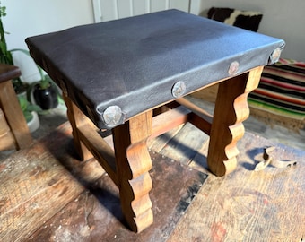 Vintage Mexican Bench Seat - Rustic Foot Rest - Leather with Iron Brads - Scalloped Wood Legs