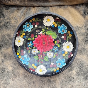 Vintage Mexican Batea Carved Wooden Bowl Tray - Folk Art Tole Paint Floral Design - Mexican Touristware - Early California - Southwestern