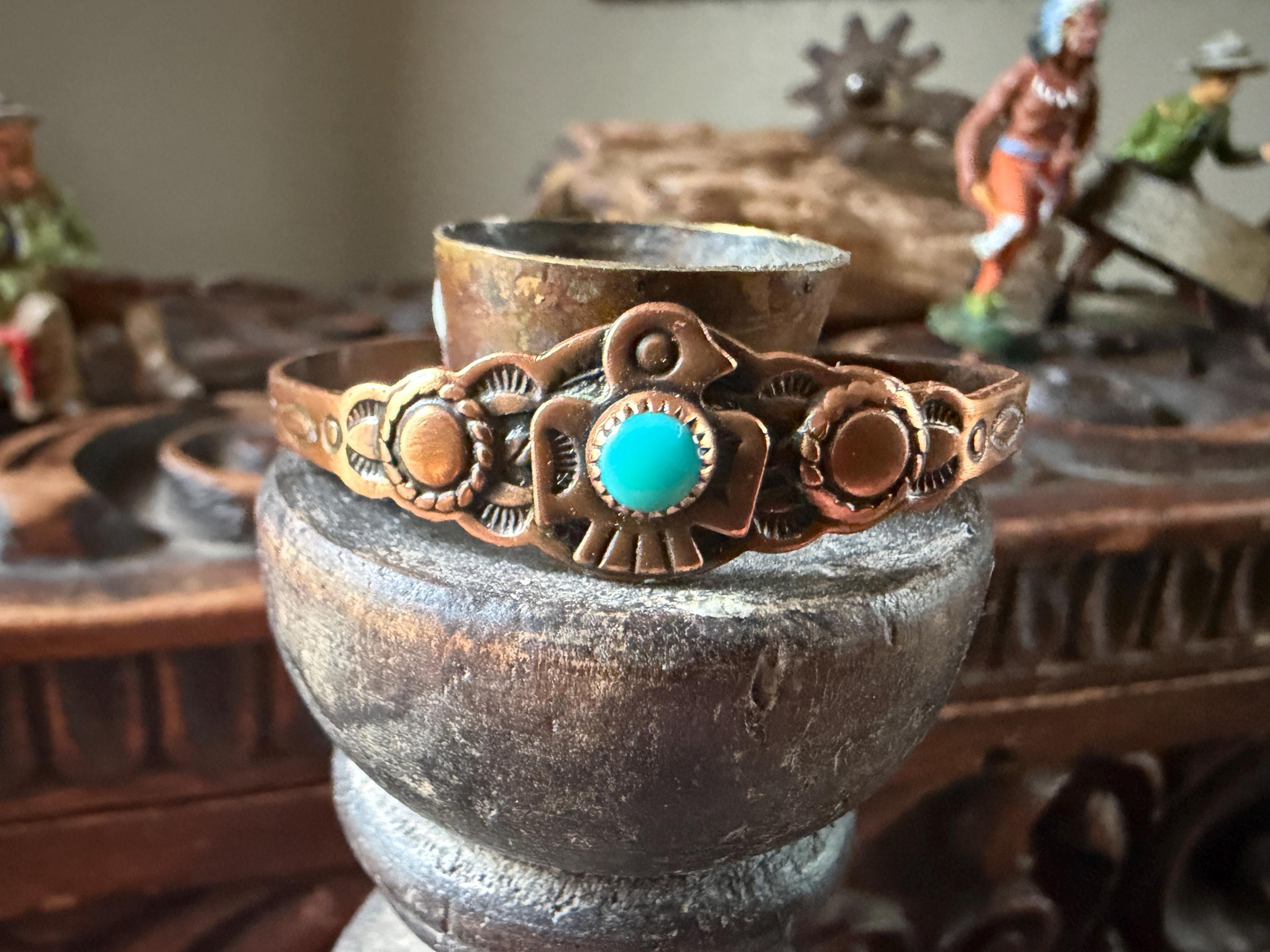 Native American Copper Bracelet With Turquoise Navajo Single Wavy