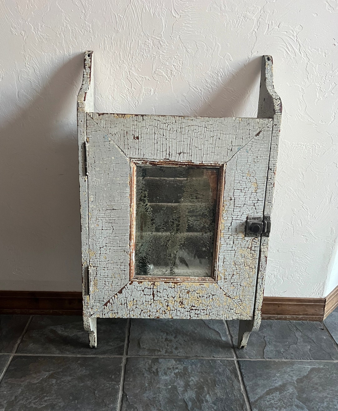 Antique Chippy Paint Medicine Original Silvered Mirror Shelves