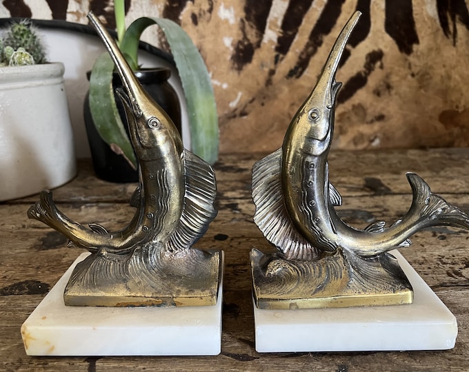 Mid Century Swordfish Vintage Bookends Marble Bases Antiqued Gold Metal