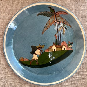 Vintage Tlaquepaque Mexican Folk Art Pottery Plate Dish Man Carrying Basket Casa Palm Trees Blue Stamped MEXICO Tourist Pottery image 2
