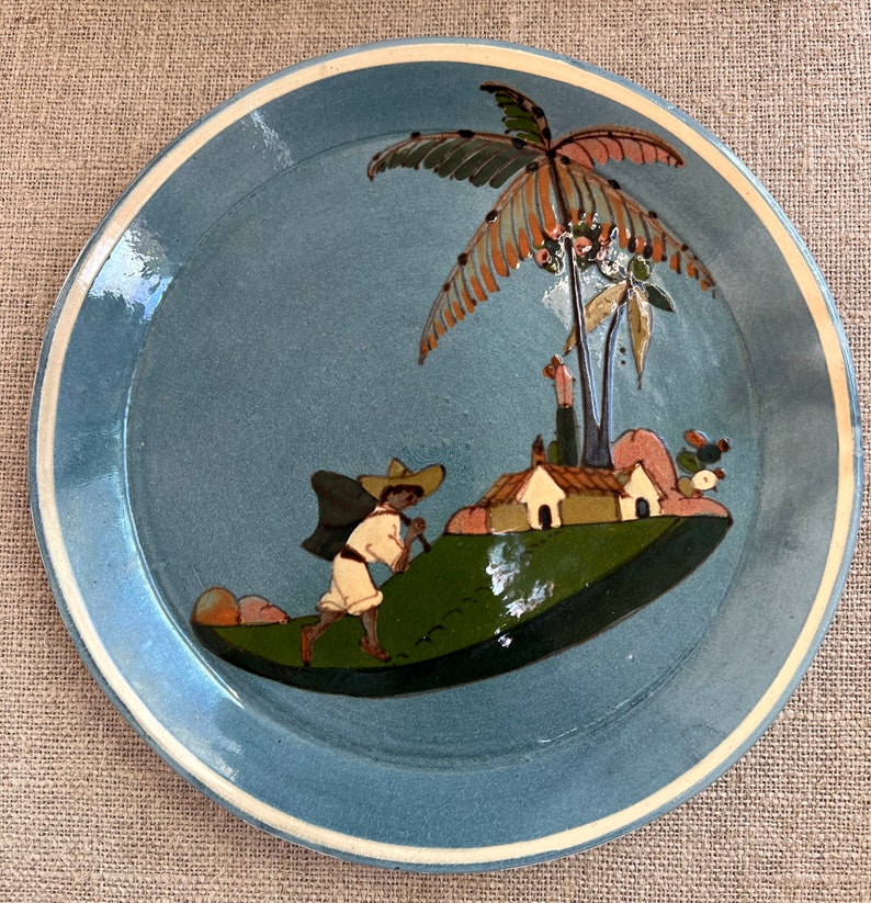 Vintage Tlaquepaque Mexican Folk Art Pottery Plate Dish Man Carrying Basket Casa Palm Trees Blue Stamped MEXICO Tourist Pottery image 2
