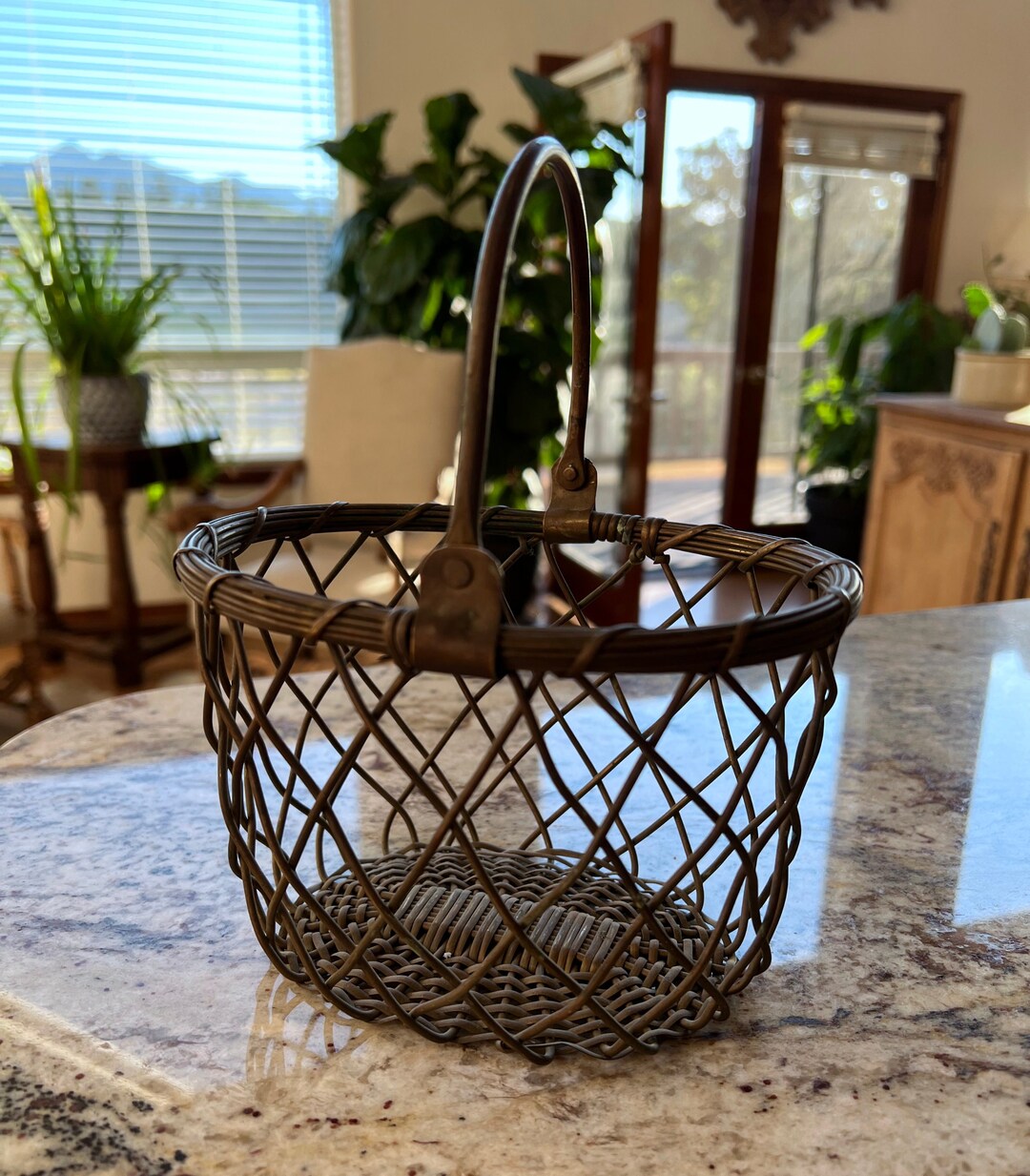 Vintage French Brass Wire Basket Swivel Handle Hand Crafted Fine Art