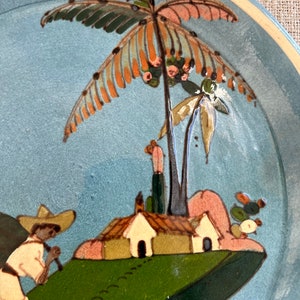Vintage Tlaquepaque Mexican Folk Art Pottery Plate Dish Man Carrying Basket Casa Palm Trees Blue Stamped MEXICO Tourist Pottery image 4