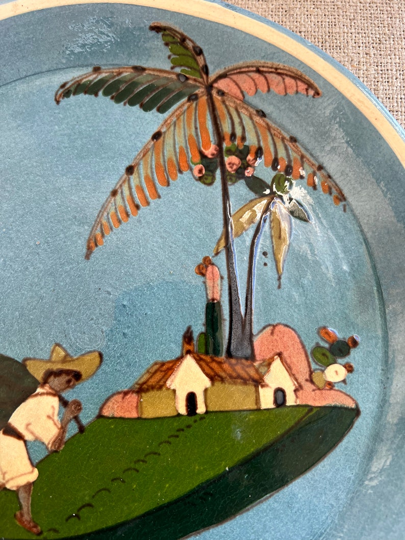Vintage Tlaquepaque Mexican Folk Art Pottery Plate Dish Man Carrying Basket Casa Palm Trees Blue Stamped MEXICO Tourist Pottery image 4