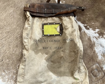 Vintage Military Intelligence Pouch Large RARE Canvas Bag with Weighted Leather Base and Leather Top Locking Strap - SAFE  HAND - Militaria