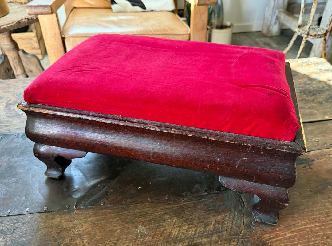 Antique Footrest - Empire Style Mahogany Wood Ruby Velvet Cushion Top ...