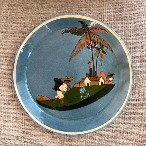 Vintage Tlaquepaque Mexican Folk Art Pottery Plate Dish - Man Carrying Basket - Casa - Palm Trees - Blue - Stamped MEXICO - Tourist Pottery