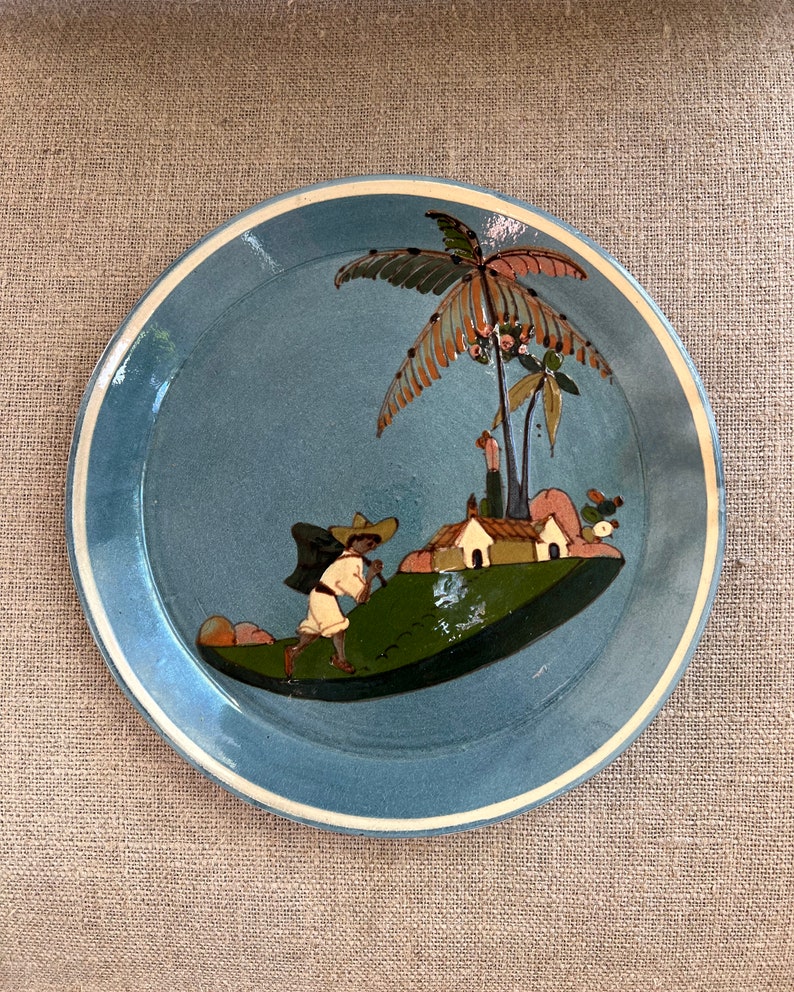 Vintage Tlaquepaque Mexican Folk Art Pottery Plate Dish Man Carrying Basket Casa Palm Trees Blue Stamped MEXICO Tourist Pottery image 1