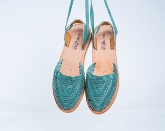 Teal huaraches dames, huaraches sandalen, huaraches dames, Mexicaanse huaraches dames, schoenen van natuurlijk leer, handgemaakte schoenen, Mexicaanse inheemse bevolking