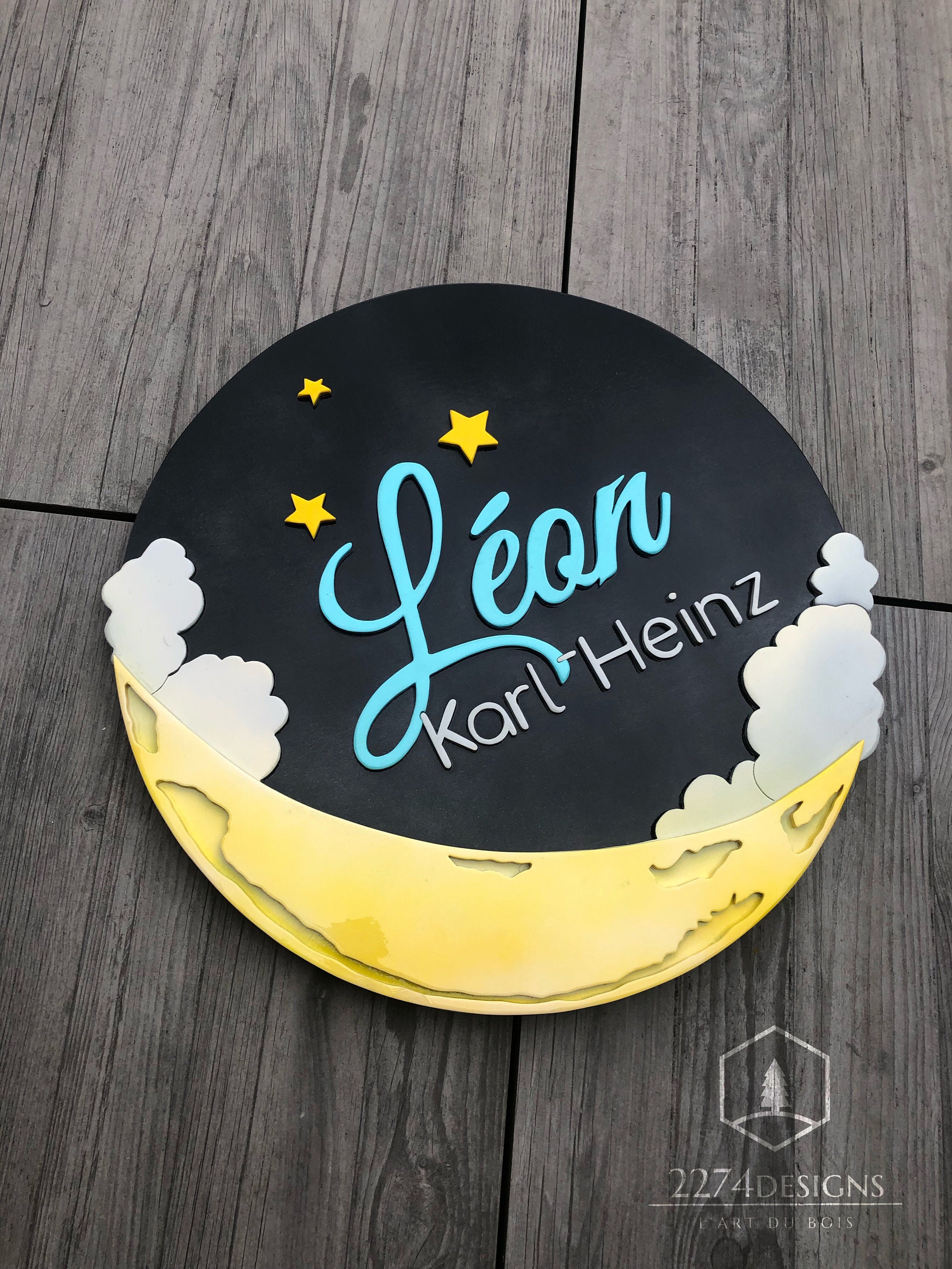 Tableau Prénom en Bois Motif Lune