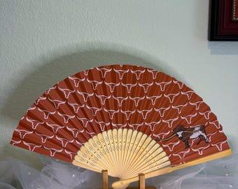 Ventilador de mano Texas Longhorn color naranja quemado *PAPEL* Perfecto para climas cálidos, muy ligero #Hookem