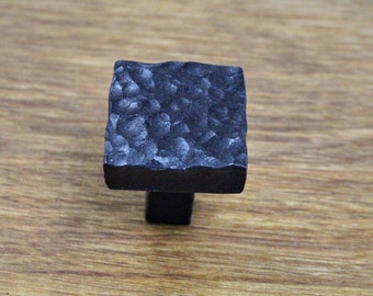 Square Stippled Knob - Hand Forged Rustic Cabinet and Drawer Knobs - 1 1/4" wide - Individual