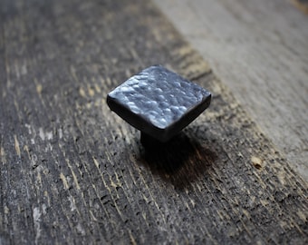 Square Stippled Knob - Hand Forged Rustic Cabinet and Drawer Knobs - 1 1/4" wide - Brushed - Individual