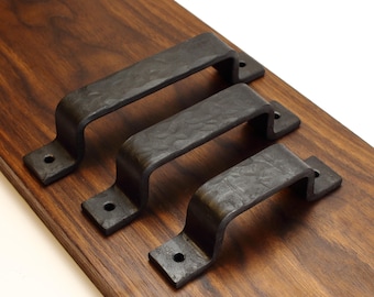 Hand Forged Hammered Barn Door Style Handle - 1" Wide Handle - Blackened - Individual