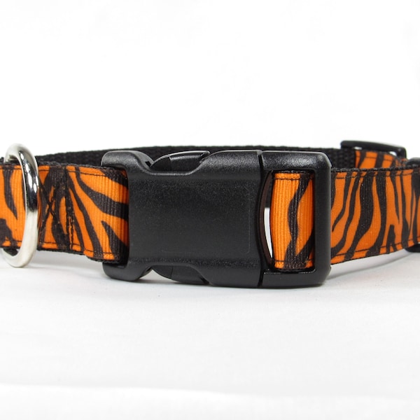 Tiger Stripe Dog Collar, Animal Print, Orange and Black, Durable, Adjustable, Standard Collar, Standard Collar, Martingale Collar, Bow Tie