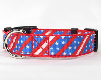 Stars and Stripes Fourth of July Dog Collar, Patriotic, Blue and Red, Durable, Adjustable, Standard Collar, Martingale Collar