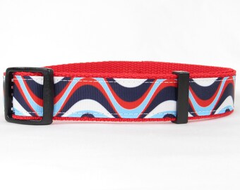 Red White & Blue Wavy Dog Collar, Durable, Adjustable, Standard Collar, Martingale Collar, 1" Wide, Patriotic, Fourth of July, Abstract