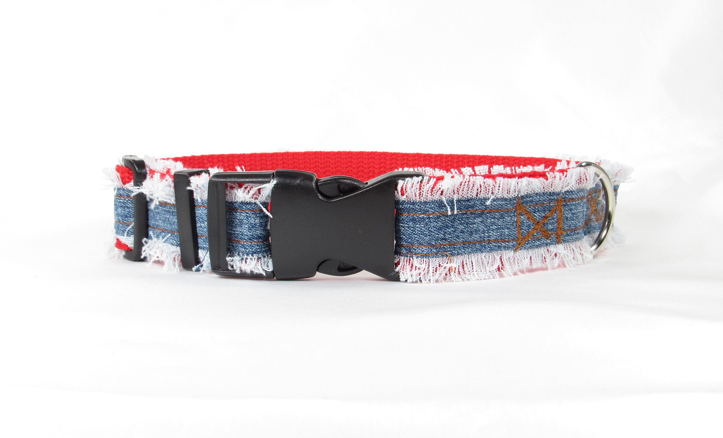 Blue Jean Dog Collar Fringed Denim Red and Blue Adjustable Etsy