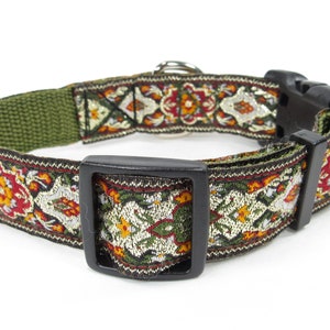 Embroidered Metallic Dog Collar, Colorful, Green, Ivory & Oranges, Durable, Adjustable, Standard Collar