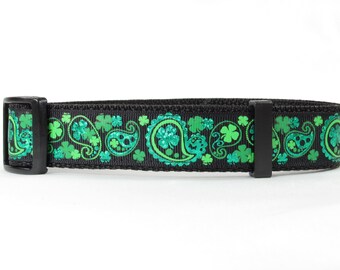 Saint Patrick's Day Paisley Dog Collar, Sparkly Green and Black, Durable, Standard Collar, Martingale Collar, 1" Wide, Festive