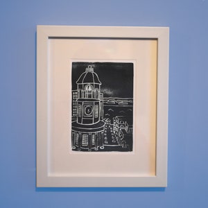 Arte de pared de Halifax hecho a mano – Impresión en linograbado del reloj de la ciudad (enmarcado 8x10, mate a 5x7)