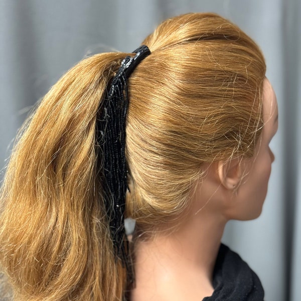 Pince banane de 7 pouces avec franges de perles noires, postiche de bal de promo, pince à chignon Bling, pince à cheveux rétro des années 80, accessoire de cheveux noirs élégant.