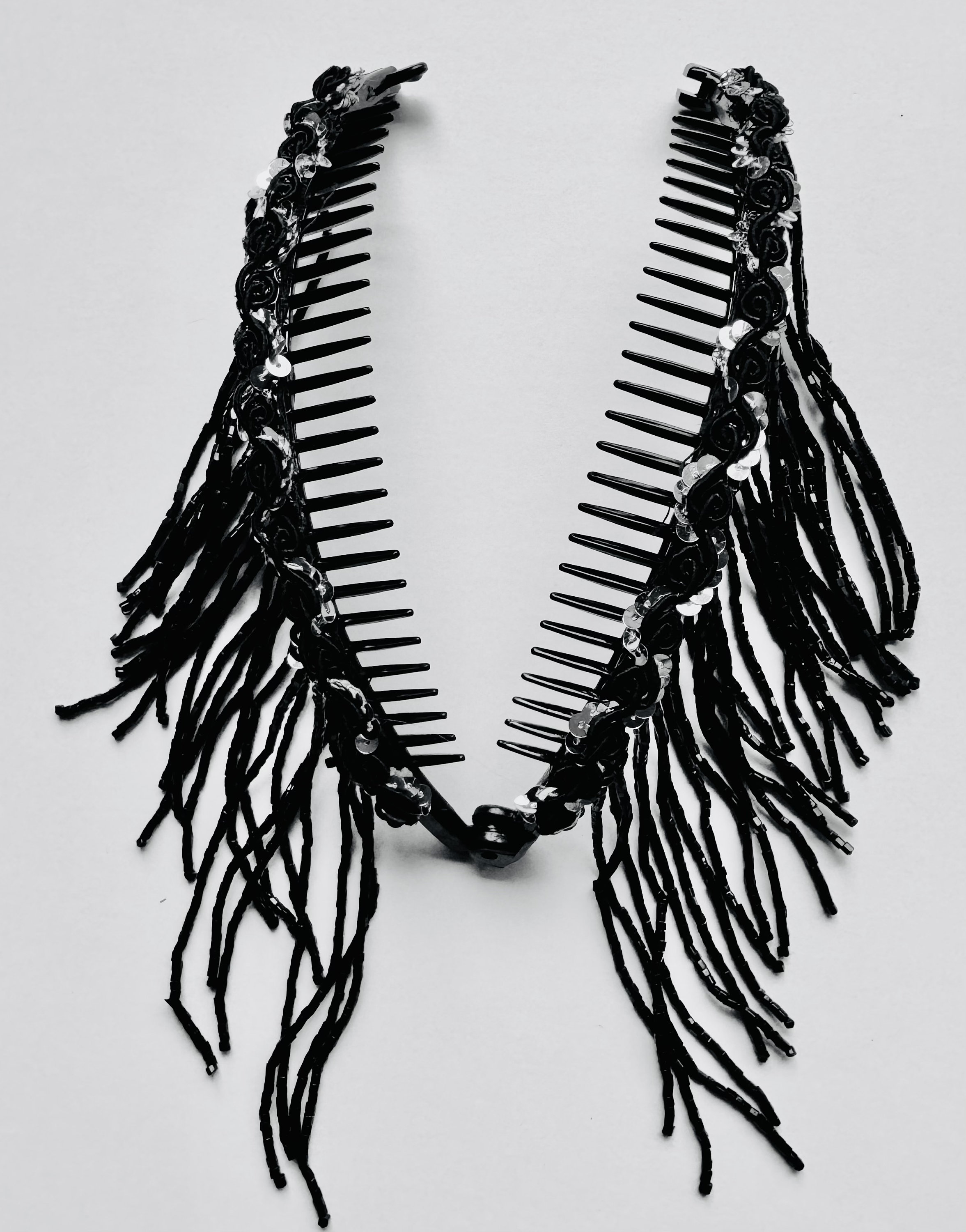 Jumwrit Schwarze Satin-Haarspange Mit Strass & Perlen – 19 Cm, Langer Schwanz, Vintage-Look, Für Hochsteckfrisuren & Partys