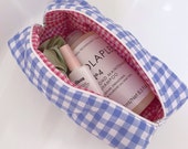 makeup bag, blue gingham