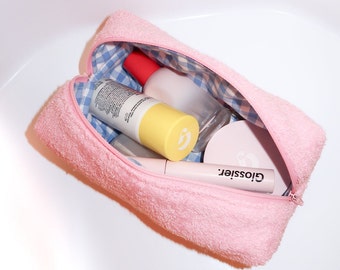 Handmade Quilted Makeup Bag / Pink Terry  x  Blue Gingham / Cosmetic, Toiletry, Travel, Makeup bag