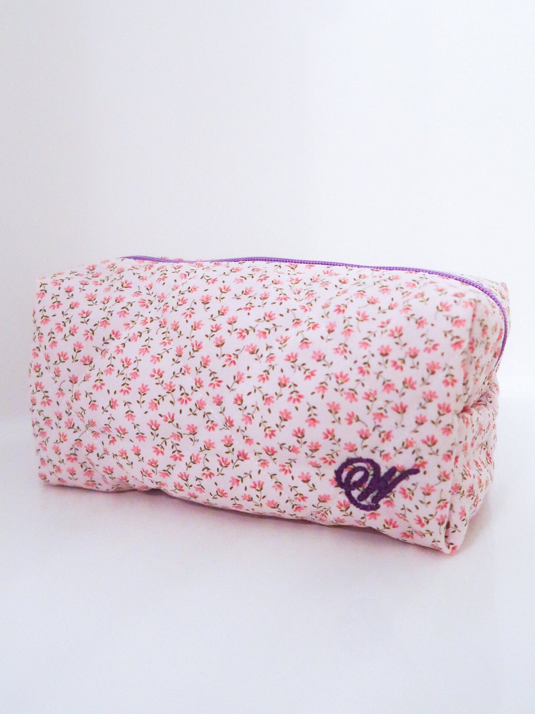 Handmade Quilted Makeup Bag / Pink Floral X Lavender Gingham / - Etsy