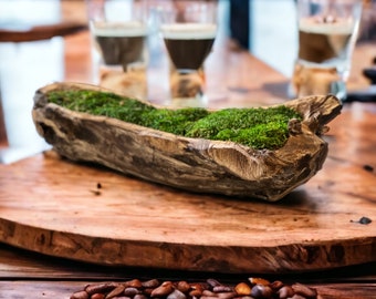 Carved Wooden Bowl Centerpiece with Lush Moss